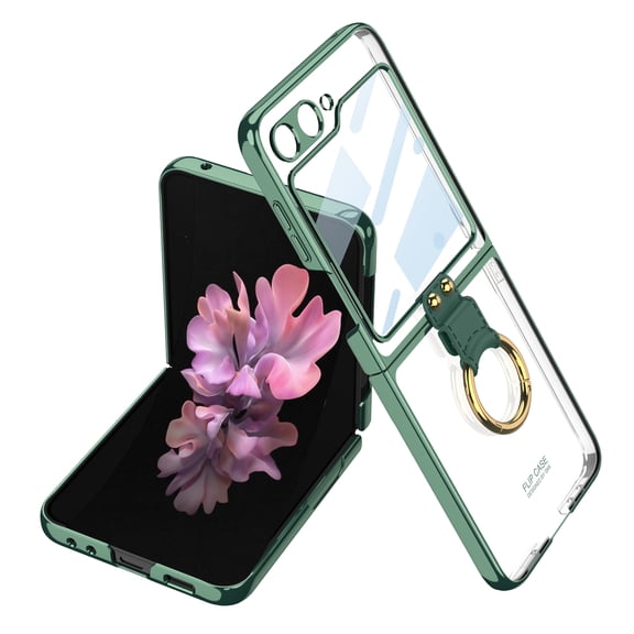 Dteck for Samsung Galaxy Z Flip 6 Case with Ring Stand, Electroplating Border Galaxy Z Flip 6 Slim Protective Cover with Built-in Screen Protector, Green
