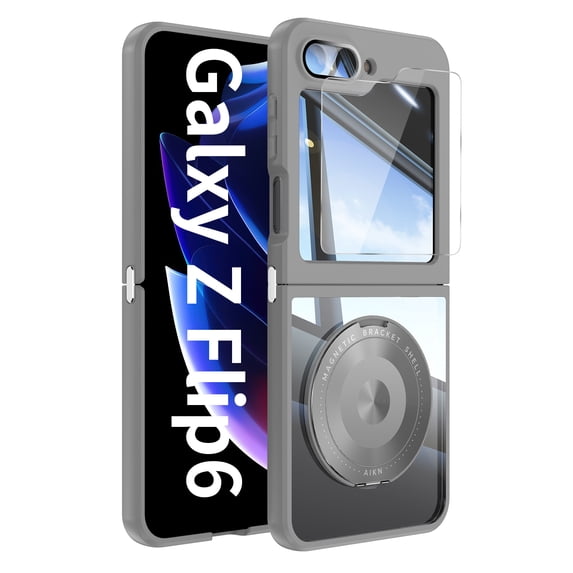 Dteck for Samsung Galaxy Z Flip 6 Case with Screen Protector, Z Flip6 Magnetic Case Compatible with MagSafe, Shockproof Rotating Ring Kickstand with Camera Lens Protector for Samsung Z Flip 6,Gray