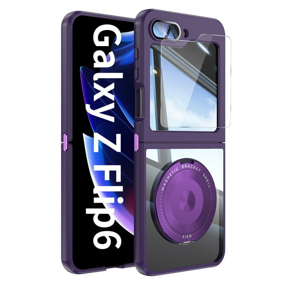 Dteck for Samsung Galaxy Z Flip 6 Case with Screen Protector, Z Flip6 Magnetic Case Compatible with MagSafe, Shockproof Rotating Ring Kickstand with Camera Lens Protector for Samsung Z Flip 6,Purple