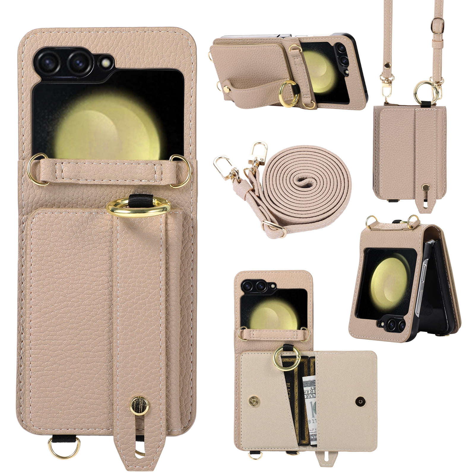 Dteck for Samsung Galaxy Z Flip 6 Wallet Case with Card Holder, Crossbody Wallet Case for Galaxy Z Flip6 5G with Hand Strap and Hinge Protection, Carrying Handbag Phone Case for Women Girls,Beige