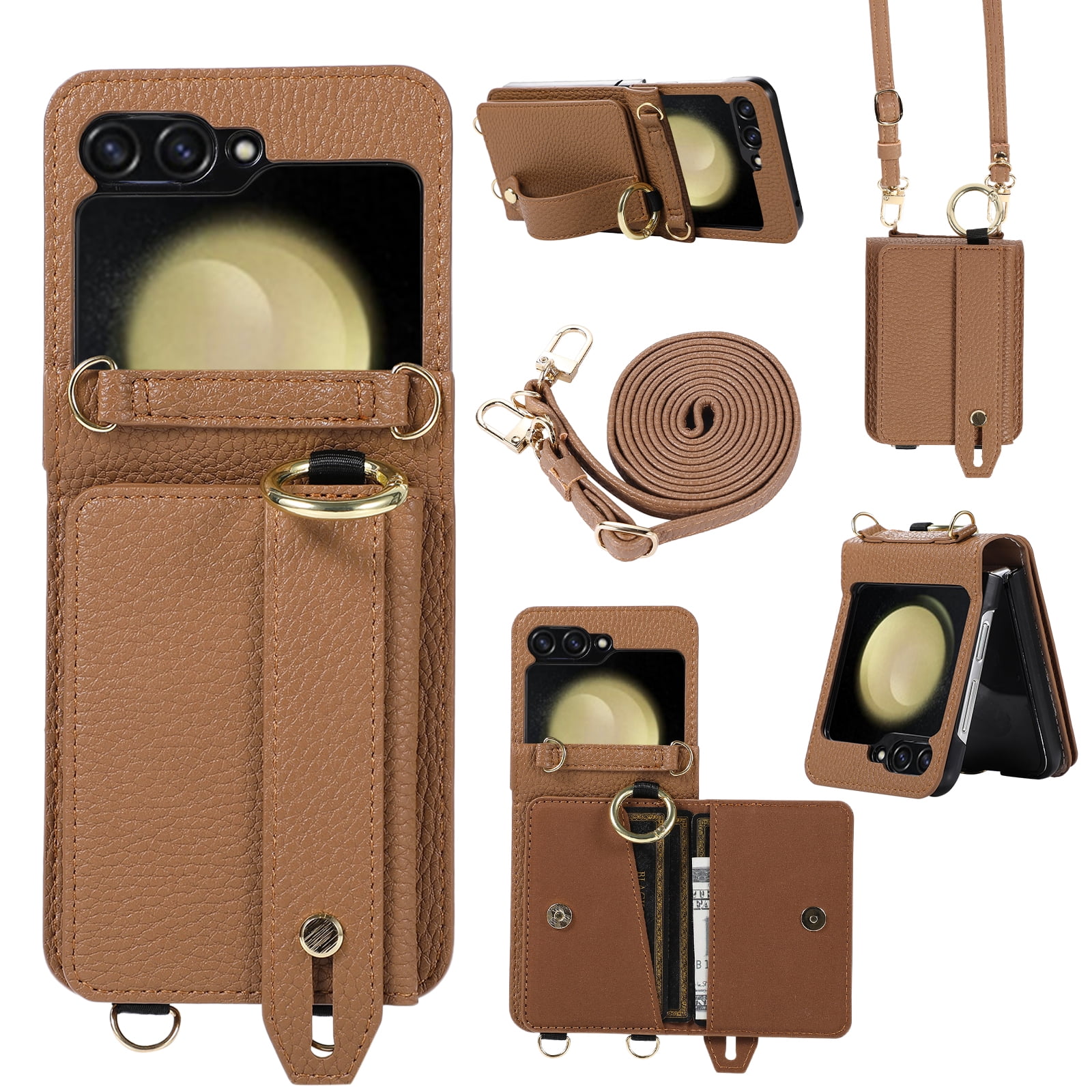Dteck for Samsung Galaxy Z Flip 6 Wallet Case with Card Holder, Crossbody Wallet Case for Galaxy Z Flip6 5G with Hand Strap and Hinge Protection, Carrying Handbag Phone Case for Women Girls,Brown