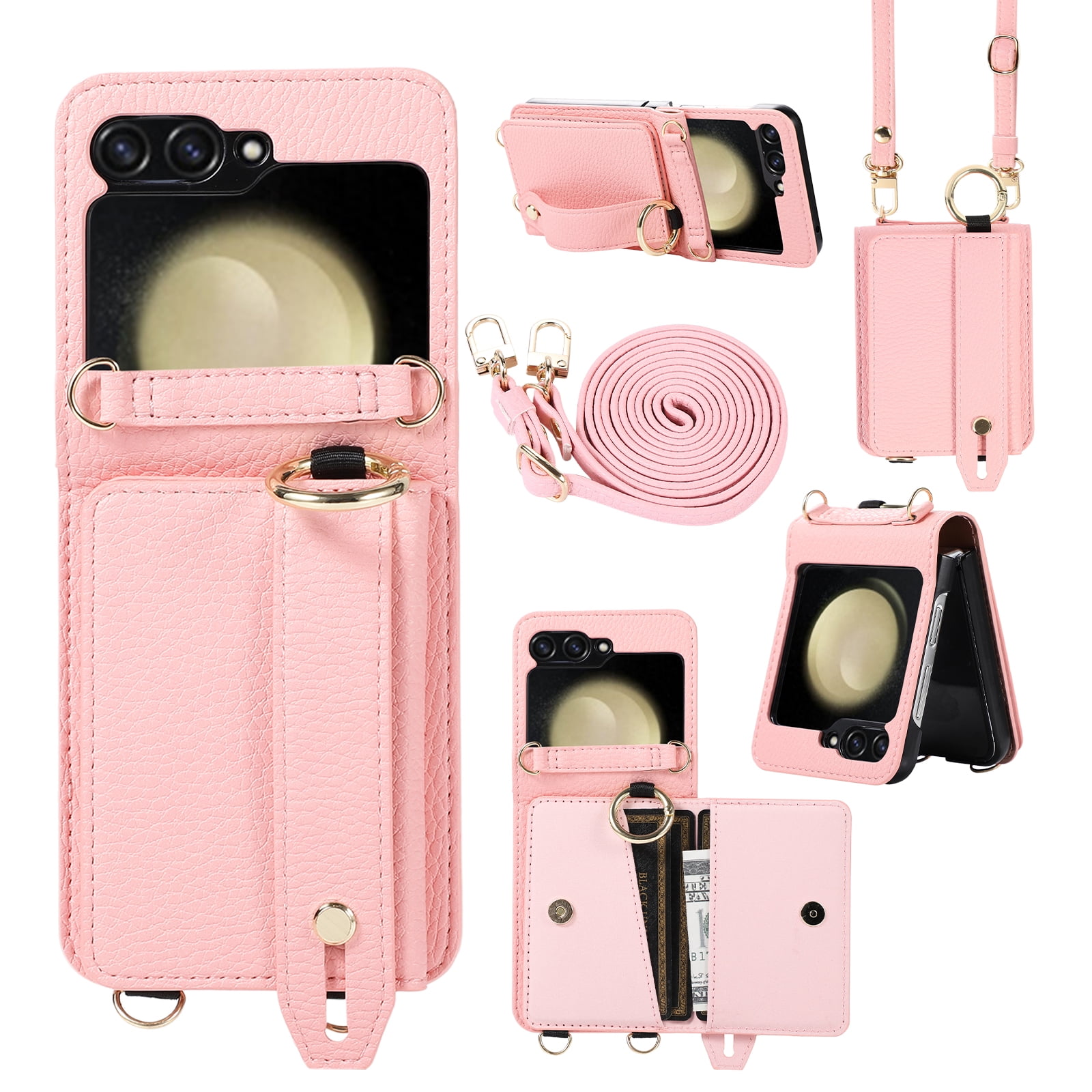 Dteck for Samsung Galaxy Z Flip 6 Wallet Case with Card Holder, Crossbody Wallet Case for Galaxy Z Flip6 5G with Hand Strap and Hinge Protection, Carrying Handbag Phone Case for Women Girls,Pink