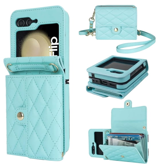 Dteck for Samsung Galaxy Z Flip 6 Wallet Case, Crossbody Purse with Credit Card Slot Holder RFID Blocking PU Leather Adjustable Lanyard Detachable Strap Wrist for Women,Green