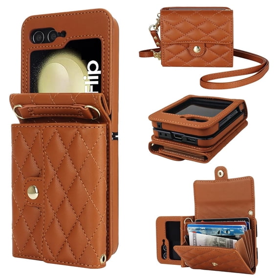 Dteck for Samsung Galaxy Z Flip 6 Wallet Case, Crossbody Purse with Credit Card Slot Holder RFID Blocking PU Leather Adjustable Lanyard Detachable Strap Wrist for Women,Brown
