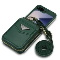 Dteck for Samsung Galaxy Z Flip 6 Wallet Case, Crossbody Zipper Purse with Credit Card Slot Holder PU Leather Adjustable Lanyard Detachable Strap Wrist for Women Men,Green