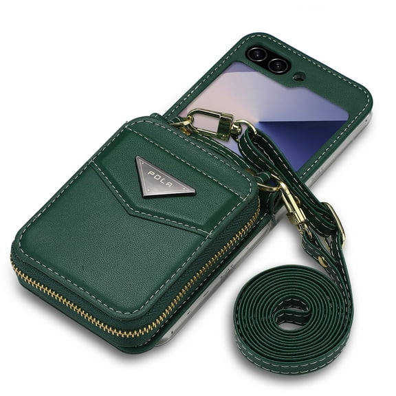 Dteck for Samsung Galaxy Z Flip 6 Wallet Case, Crossbody Zipper Purse with Credit Card Slot Holder PU Leather Adjustable Lanyard Detachable Strap Wrist for Women Men,Green