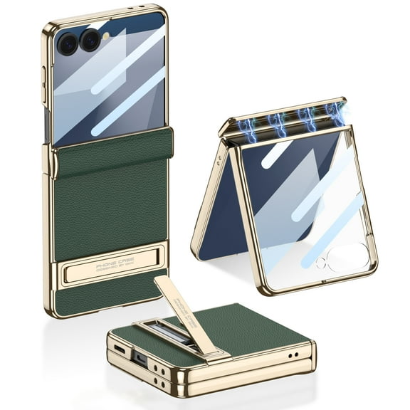 Dteck for Samsung Galaxy Z Flip 7 Case with Built-in Front Screen Protector, Magnetic Hinge Protection for Z Flip 7 Cover with Stand, Shockproof Slim Leather Hard Electroplated PC Frame, Deep Green