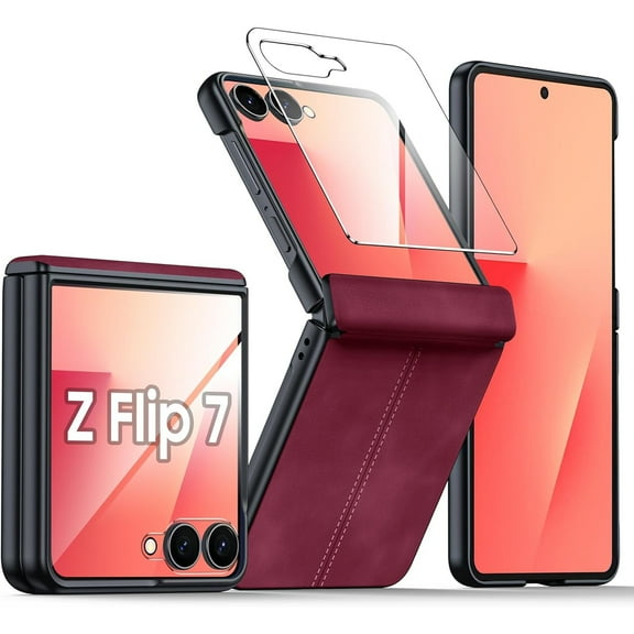 Dteck for Samsung Galaxy Z Flip 7 Case with Hinge Protection & Built-in Screen Protector, Ultra Thin Stylish Leather Matte PC Durable Shockproof Cover Phone Case for Galaxy Z Flip 7,Red