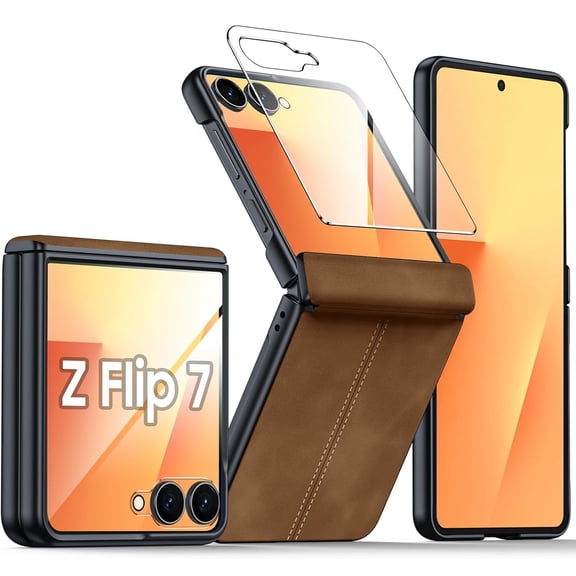 Dteck for Samsung Galaxy Z Flip 7 Case with Hinge Protection & Built-in Screen Protector, Ultra Thin Stylish Leather Matte PC Durable Shockproof Cover Phone Case for Galaxy Z Flip 7,Brown