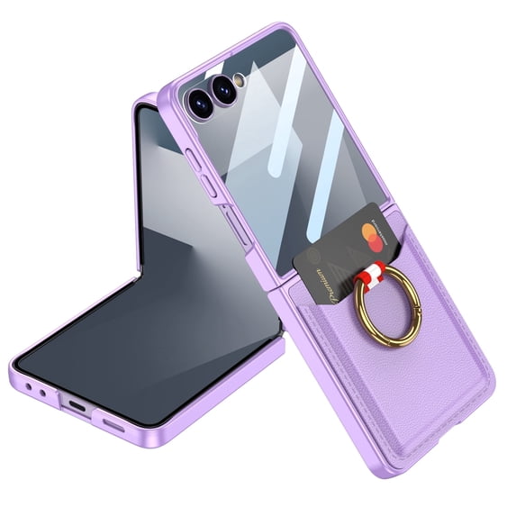 Dteck for Samsung Galaxy Z Flip 7 Case with Card Holder and Ring Stand, Slim Slim Leather Phone Cover with Built-in Screen Protector for Samsung Galaxy Z Flip 7,Purple