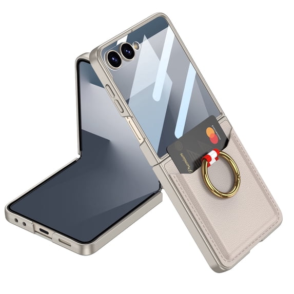 Dteck for Samsung Galaxy Z Flip 7 Case with Card Holder and Ring Stand, Slim Slim Leather Phone Cover with Built-in Screen Protector for Samsung Galaxy Z Flip 7,Titanium
