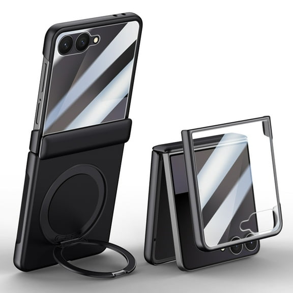 Dteck for Samsung Galaxy Z Flip 7 Case with Hinge Protection & Built-in Screen Protector & Magnetic Ring Stand, Compatible with MagSafe, Slim Full-Body Shockproof Rugged Phone Cover,Black