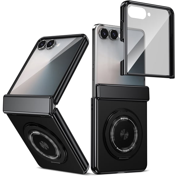 Dteck for Samsung Galaxy Z Flip 7 Case with Magnetic Ring Holder, 360 Rotating Bracket, Hinge Protection & Built-in Front Screen Protector, Slim Anti-Drop Shockproof PC Case,Black