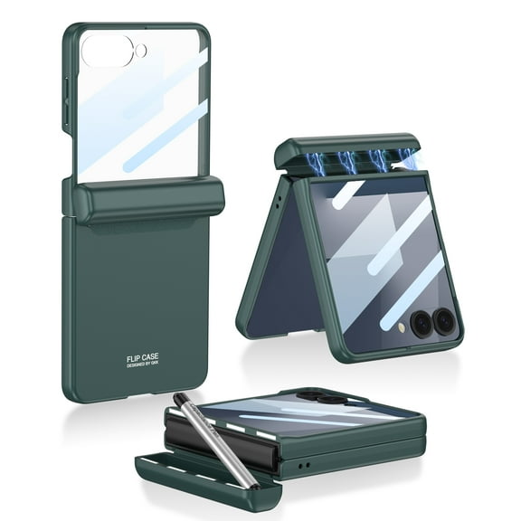 Dteck for Samsung Galaxy Z Flip 7 Case with S Pen Holder & Stylus, Magnetic Hinge Protection, Built-in Front Glass Screen Protector, Slim Ultra Thin Lightweight Protective Cover for Z Flip7,Deep Green