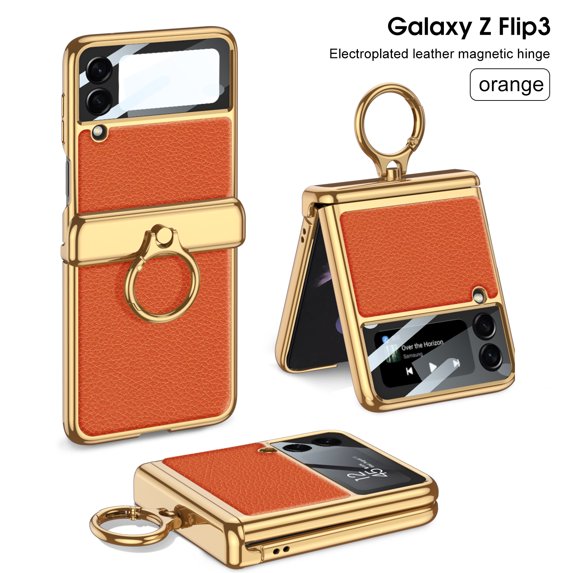 Dteck for Samsung Galaxy Z Flip3 5G 6.7" Case, Electroplated Leather Folding All-Inclusive Case with Ring Kickstand Shockproof Protective Case for Samsung Galaxy Z Flip3 Ladies Women Men, Orange