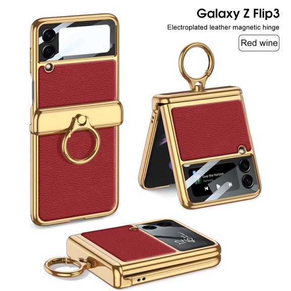 Dteck for Samsung Galaxy Z Flip3 5G 6.7" Case, Electroplated Leather Folding All-Inclusive Case with Ring Kickstand Shockproof Protective Case for Samsung Galaxy Z Flip3 Ladies  Women Men, Winered