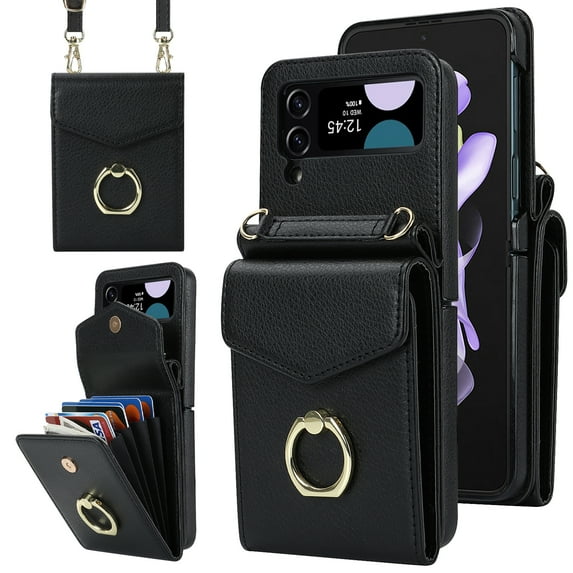 Dteck for Samsung Galaxy Z Flip3 5G Case Wallet with RFID Blocking Card Holder, Premium PU Leather Z Flip3 Wallet Case with Lanyard Crossbody Bag Ring Holder for Women Girls,Black