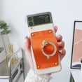 thumbnail image 1 of Dteck Samsung Galaxy Z Flip4 6.7 inch (2022) Cover, Soft TPU Shell with PU Leather Wrist Strap & Metal Glitter Ring/Holder Foldable Kickstand Case Thin & Light Luxury Fashion Cover, Orange, 1 of 5