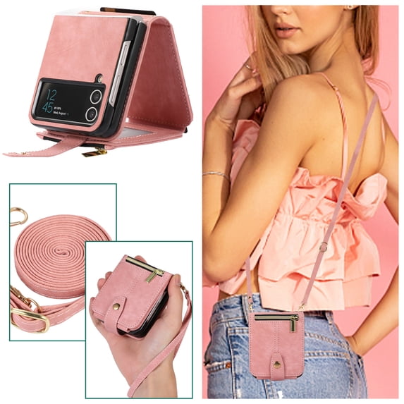 Dteck for Samsung Galaxy Z Flip4 Crossbody Wallet Case with Card Holder Zipper Pocket Lanyard Shoulder Strap, PU Leather Shockproof Protective Flip Cover for Galaxy Z Flip4 5G,Pink