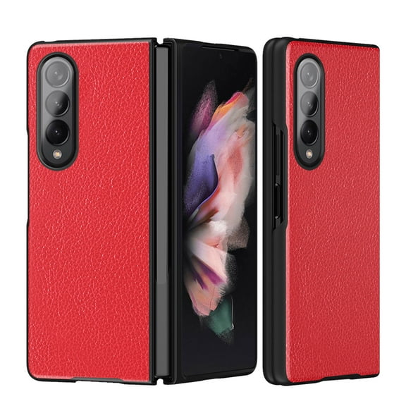 Dteck Samsung Galaxy Z Fold 3 5G Case, Stylish Slim Thin Soft Litchi Texture Leather Classic Lightweight Secure Grip Anti-Fingerprint Non-Slip Protective Shock-Absorbing for Fold 3 5G Cover (Red)