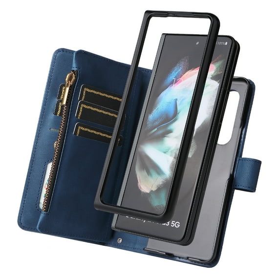 Dteck Samsung Galaxy Z Fold 3 5G Wallet Case with Removable Adjustable Crossbody Necklace Lanyard Shoulder Strap + Wristlet Strap, 9 Card Slots with Zipper Pocket PU Leather Case, Blue