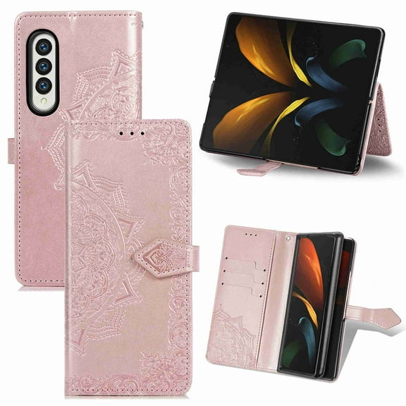 Dteck Samsung Galaxy Z Fold 3 Case, Flower Wallet PU Leather Card Phone Leather Case for Samsung Z Fold 3 (7.6"), Shockproof 360 Full Protection Fold 3 5G Shell Cover(Rosegold)