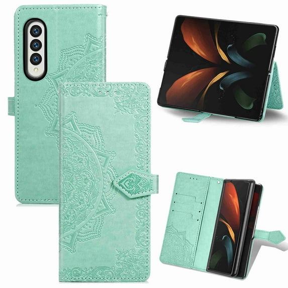 Dteck Samsung Galaxy Z Fold 3 Case, Flower Wallet PU Leather Card Phone Leather Case for Samsung Z Fold 3 (7.6"), Shockproof 360 Full Protection Fold 3 5G Shell Cover(Green)