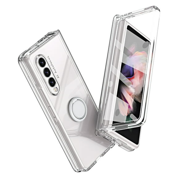 Dteck for Samsung Galaxy Z Fold 3 Case with Hinge Protection & Built-in Front Screen Protector,Full Body Drop Protection Z Fold3 Transparent Cover with Ring Holder, Work with Magnetic Car Mount,Clear