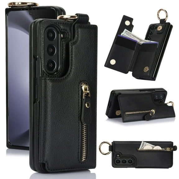 Dteck for Samsung Galaxy Z Fold 3 Case Wallet with Card Holder, PU Leather Zipper Pocket Card Slots Front Cover Flip Kickstand Shockproof Phone Case for Galaxy Z Fold3 5G,Black