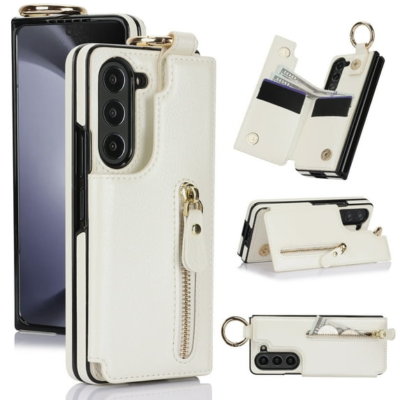 Dteck for Samsung Galaxy Z Fold 3 Case Wallet with Card Holder, PU Leather Zipper Pocket Card Slots Front Cover Flip Kickstand Shockproof Phone Case for Galaxy Z Fold3 5G,White