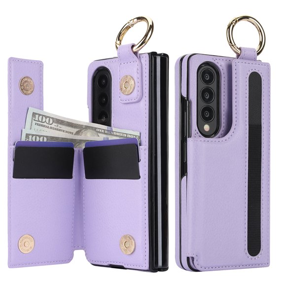 Dteck for Samsung Galaxy Z Fold 3 Case Wallet with S-Pen Holder & Metal Ring, 4-Card Slots and Cash Slots, Premium Leather Magnetic Clasp Heavy Duty Protective Cover for Galaxy Z Fold3 5G,Purple