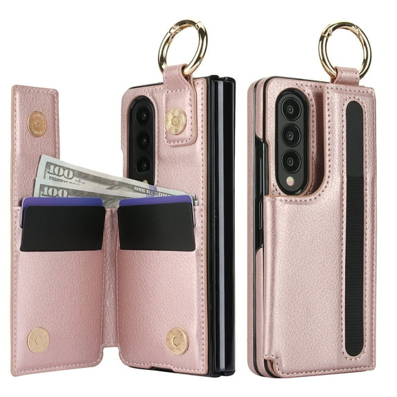Dteck for Samsung Galaxy Z Fold 3 Case Wallet with S-Pen Holder & Metal Ring, 4-Card Slots and Cash Slots, Premium Leather Magnetic Clasp Heavy Duty Protective Cover for Galaxy Z Fold3 5G,Rosegold