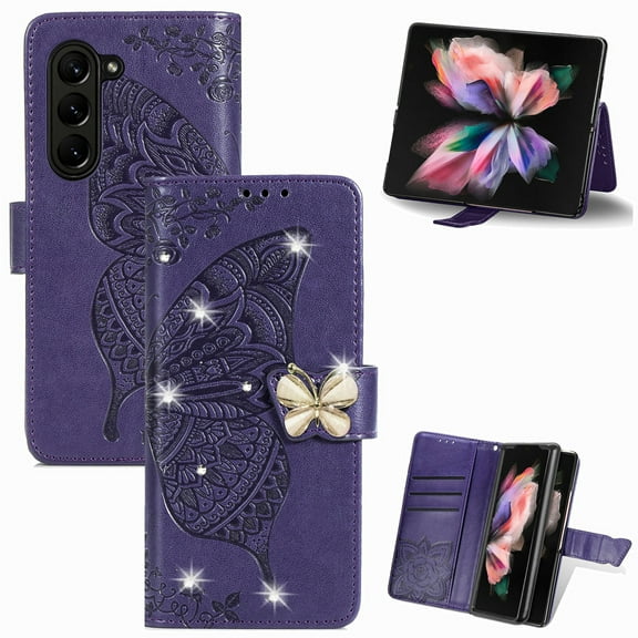 Dteck for Samsung Galaxy Z Fold 3 Case Wallet for Women, Flip Folio Cover with Butterfly Embossed Diamond PU Leathe Stand Card Holder Protective Case with Wrist Strap,Deep Purple
