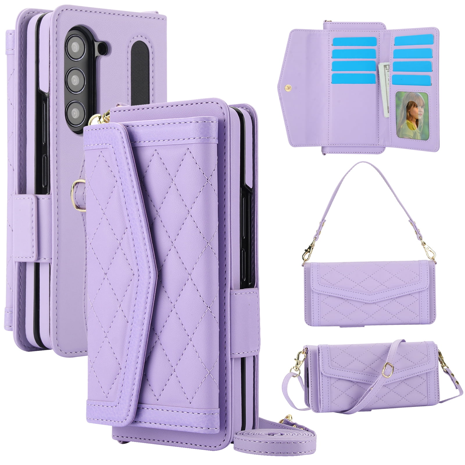Dteck for Samsung Galaxy Z Fold 3 Wallet Case with S Pen Holder for Women, Crossbody Wallet Z Fold 3 Phone Case with 12-Card Slots, PU Leather Flip Case with Strap Wristlet & Shoulder Strap,Purple