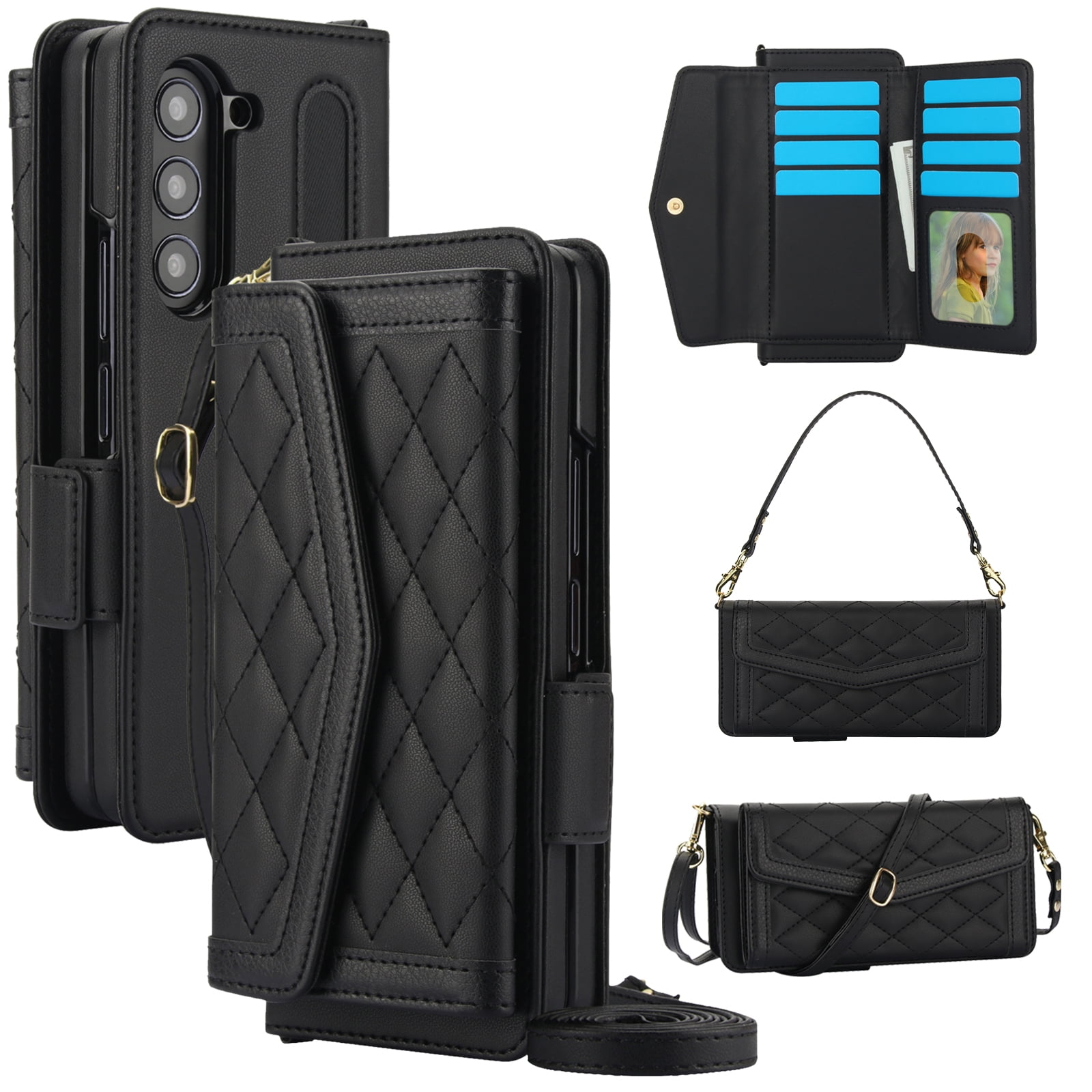 Dteck for Samsung Galaxy Z Fold 3 Wallet Case with S Pen Holder for Women, Crossbody Wallet Z Fold 3 Phone Case with 12-Card Slots, PU Leather Flip Case with Strap Wristlet & Shoulder Strap,Black