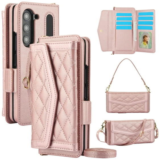 Dteck for Samsung Galaxy Z Fold 3 Wallet Case with S Pen Holder for Women, Crossbody Wallet Z Fold 3 Phone Case with 12-Card Slots, PU Leather Flip Case with Strap Wristlet & Shoulder Strap,Rosegold