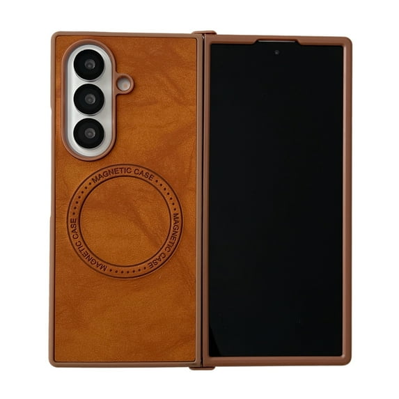 Dteck for Samsung Galaxy Z Fold 4 5G Case, Magnetic Compatible with MagSafe Accessory Shockproof PU Leather + Soft TPU Shell Ultra Thin Slim Anti-Scratch Protective Case, Brown