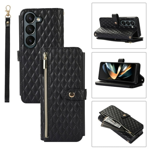 Dteck Samsung Galaxy Z Fold 4 5G Wallet Case, Shockproof 9 Card Slots Removable Adjustable Crossbody Necklace Lanyard Shoulder Strap Zipper PU Leather Case Cover, Black