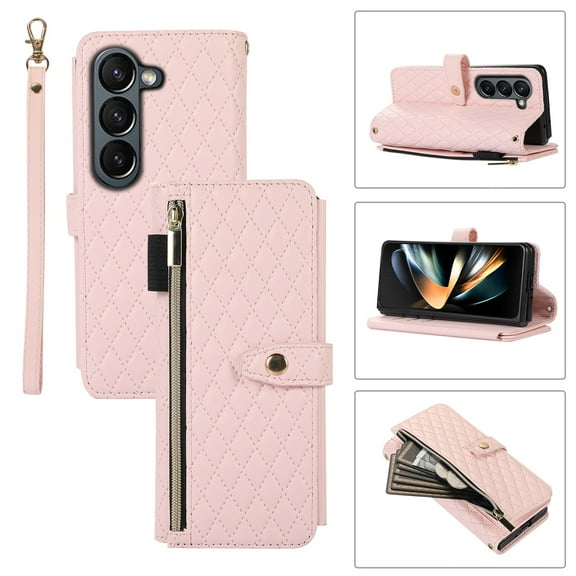 Dteck Samsung Galaxy Z Fold 4 5G Wallet Case, Shockproof 9 Card Slots Removable Adjustable Crossbody Necklace Lanyard Shoulder Strap Zipper PU Leather Case Cover, Pink