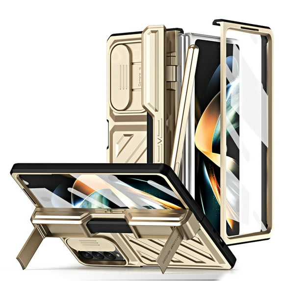 Dteck for Samsung Galaxy Z Fold 4 Case, Galaxy Z Fold4 5G Case with Slide Camera Lens Cover, Built-in Screen Protector & Invisible Kickstand, Heavy Duty Full Body Protective Case with Stylus,Gold