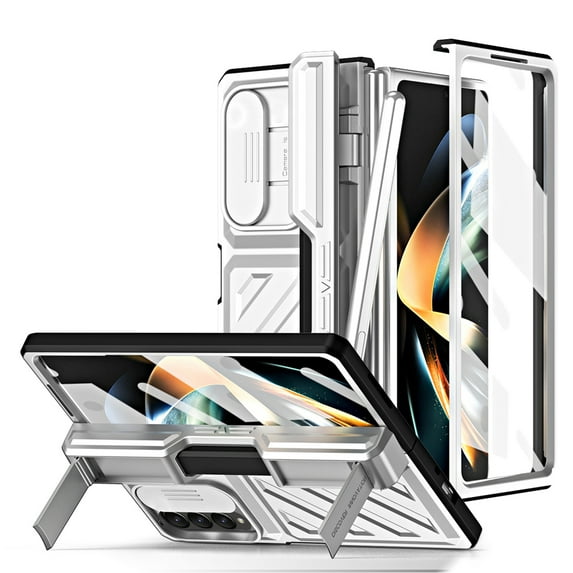 Dteck for Samsung Galaxy Z Fold 4 Case, Galaxy Z Fold4 5G Case with Slide Camera Lens Cover, Built-in Screen Protector & Invisible Kickstand, Heavy Duty Full Body Protective Case with Stylus,Silver