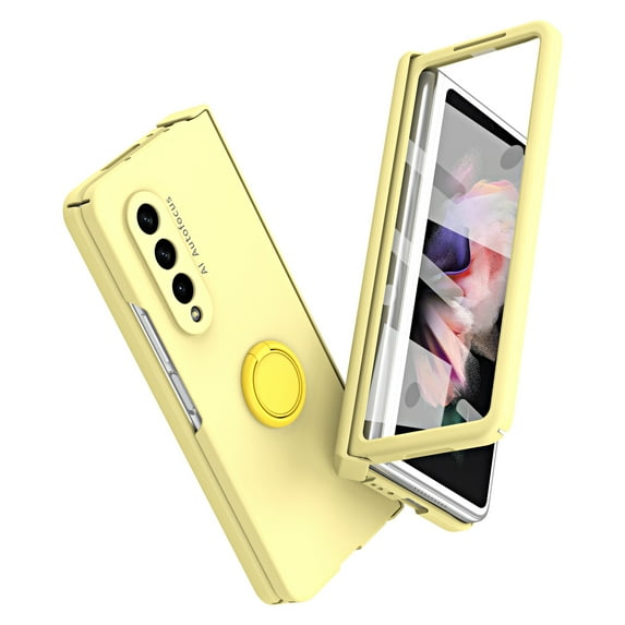 Dteck for Samsung Galaxy Z Fold 4 Case with Hinge Protection & Built-in Front Screen Protector, Full Body Drop Protection Z Fold4 Matte Cover with Ring Holder, Work with Magnetic Car Mount, Yellow