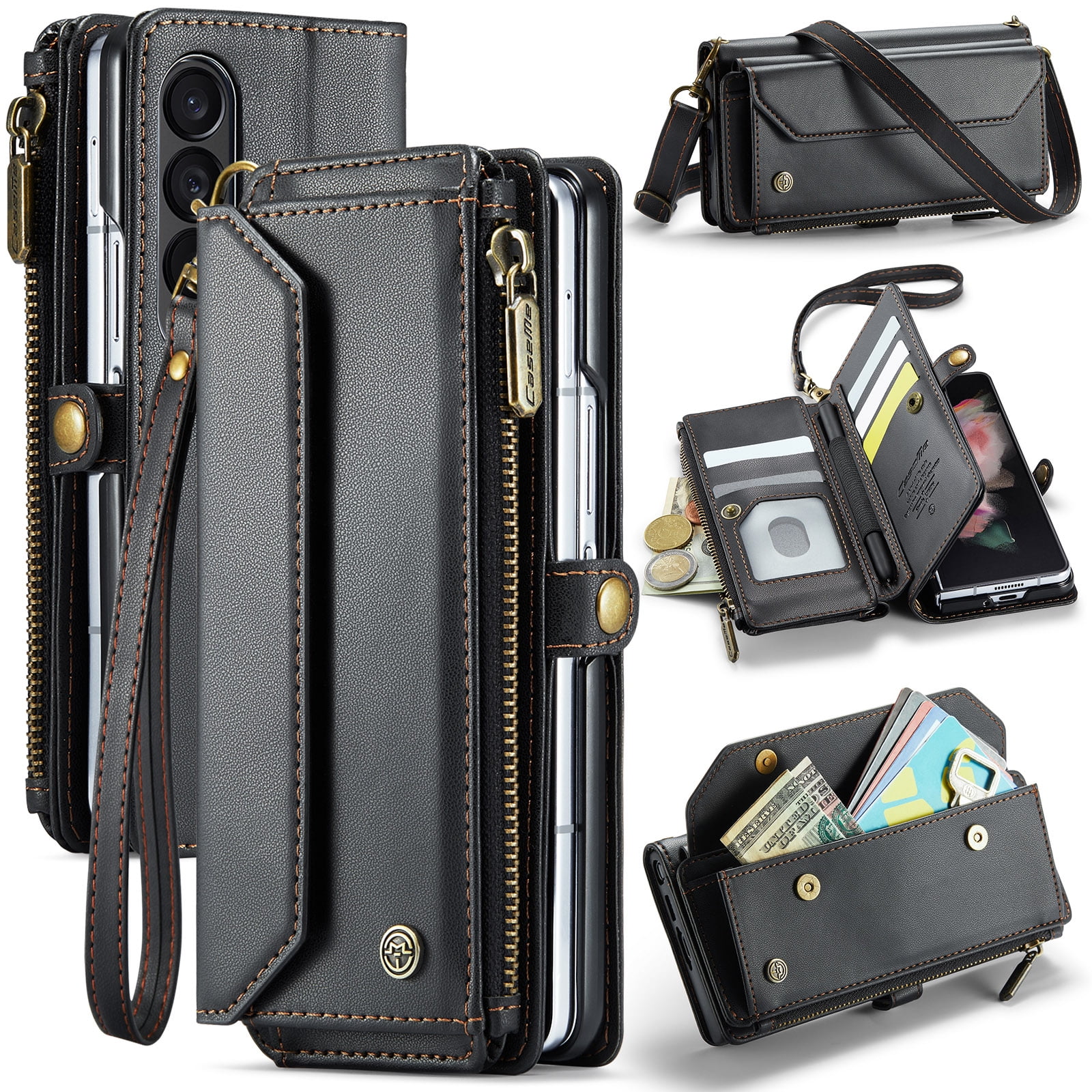 Dteck for Samsung Galaxy Z Fold 4 Case with RFID Blocking Wallet Case for Women Men, Shockproof PU Leather Magnetic Flip Strap Zipper Card Holder Phone Case,Black