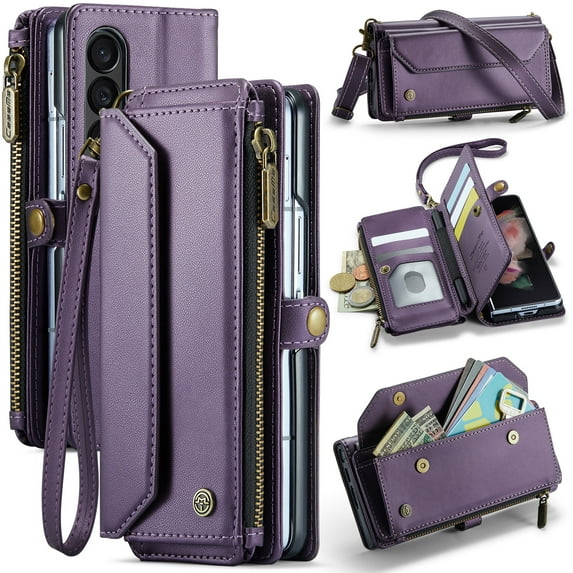 Dteck for Samsung Galaxy Z Fold 4 Case with RFID Blocking Wallet Case for Women Men, Shockproof PU Leather Magnetic Flip Strap Zipper Card Holder Phone Case,Purple