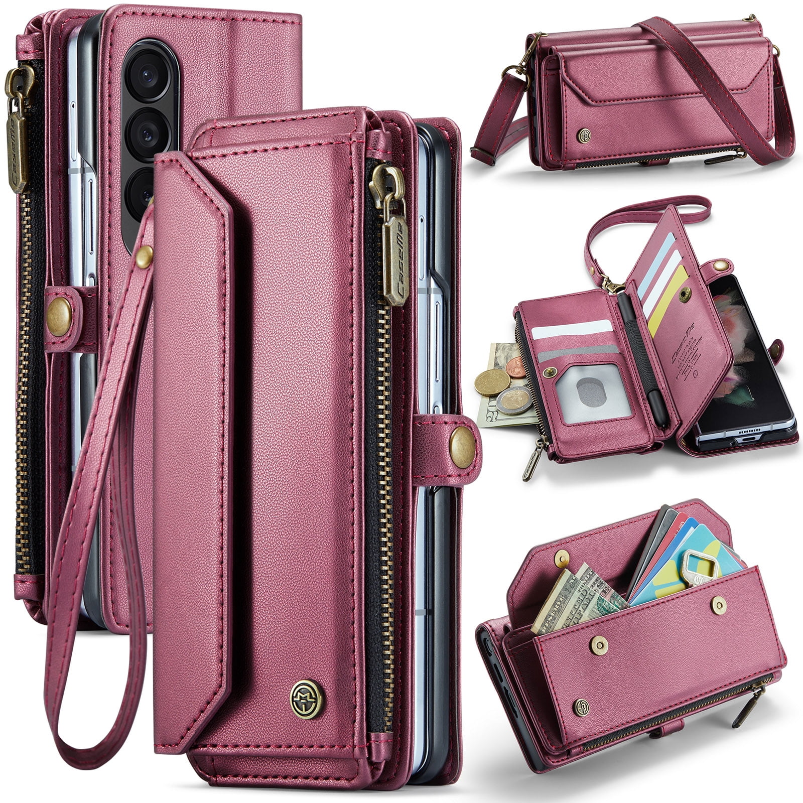 Dteck for Samsung Galaxy Z Fold 4 Case with RFID Blocking Wallet Case for Women Men, Shockproof PU Leather Magnetic Flip Strap Zipper Card Holder Phone Case,Winered