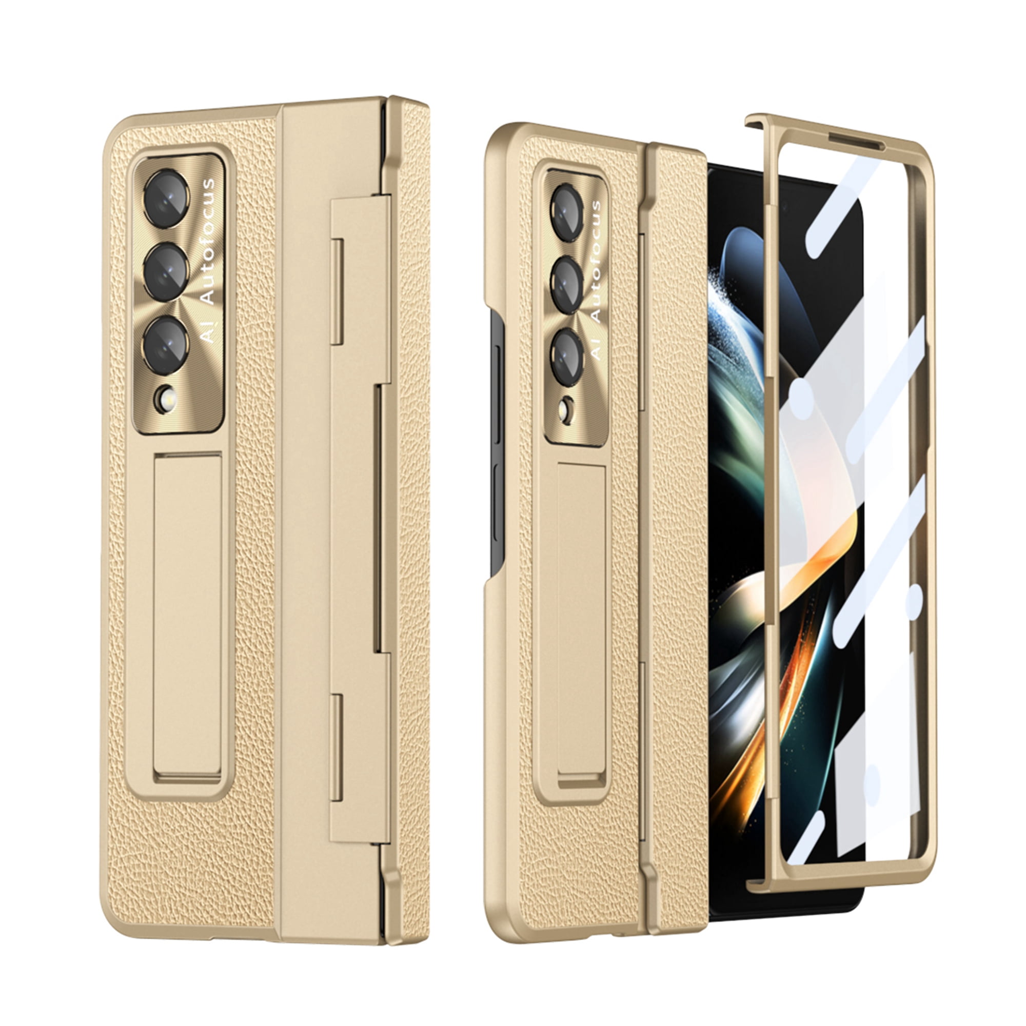 Dteck for Samsung Galaxy Z Fold 4 Case with Screen Protector, Hinge Protection Case Full Body with Built in Screen Protector PC Protective Phone Case with Kickstand for Samsung Galaxy Z Fold4 5G,Gold