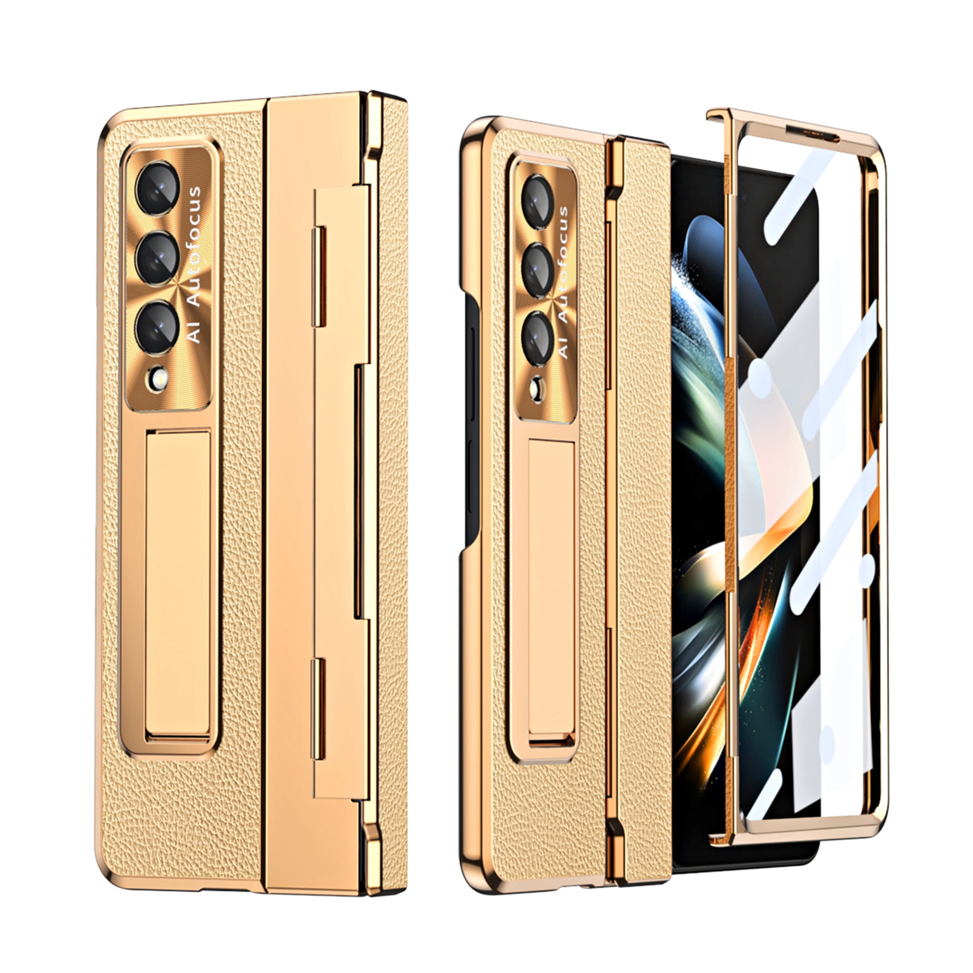 Dteck for Samsung Galaxy Z Fold 4 Case with Screen Protector, Hinge Protection Case Full Body PC Protective Phone Case with Kickstand for Samsung Galaxy Z Fold4 5G,Deep Gold