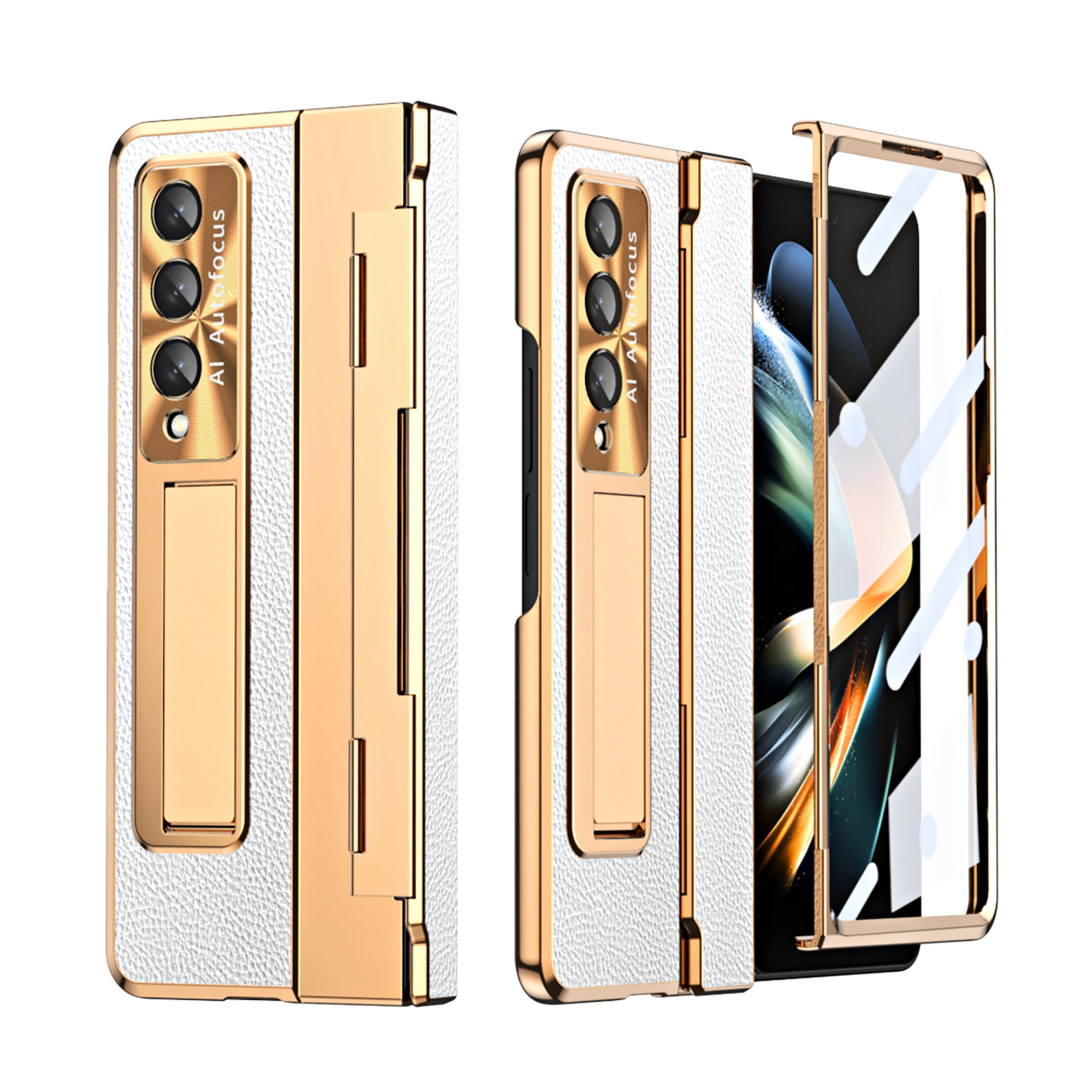 Dteck for Samsung Galaxy Z Fold 4 Case with Screen Protector, Hinge Protection Case Full Body PC Protective Phone Case with Kickstand for Samsung Galaxy Z Fold4 5G,Gold+White