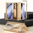 thumbnail image 1 of Dteck for Samsung Galaxy Z Fold 4 Phone Case with S Pen Holder & Stylus, Full Body Hinge Protection Leather with Plating PC Cover with Screen Protector, Kickstand for Galaxy Z Fold 4,Gold+Brown, 1 of 8