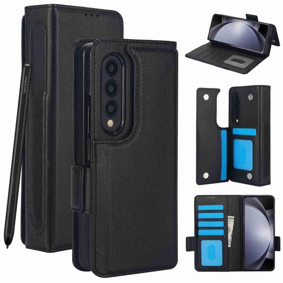 Dteck for Samsung Galaxy Z Fold 4 Wallet Case with 6 Credit Card Slots and S-Pen Slot,RFID Blocking Multi Card Function Magnetic Clasp Kickstand for Man Women, Black